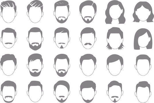 Colecci&oacute;n de siluetas de cabezas masculinas y femeninas con diversos peinados y vellos faciales