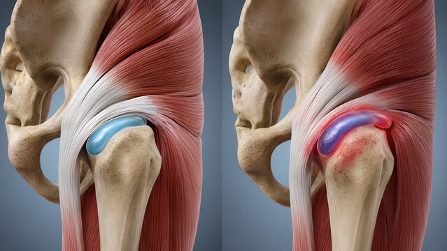 Trochanteric bursitis hip anatomy comparison showing normal lateral hip versus inflamed bursa and gluteal tendon irritation in a detailed medical illustration for healthcare and patient education