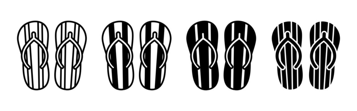 Black and outline flip flop sandal icons summer set.