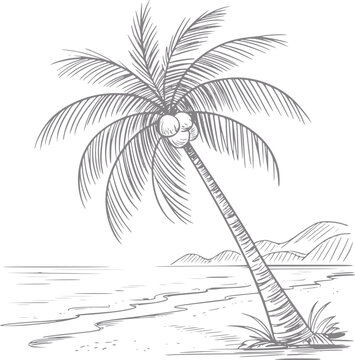 Un dibujo a mano de una palmera tropical en una playa de arena con olas del oc&eacute;ano y colinas lejanas