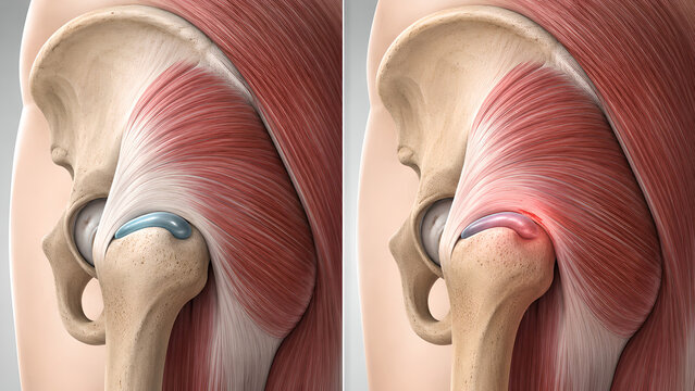Trochanteric bursitis hip anatomy comparison showing normal lateral hip versus inflamed bursa and gluteal tendon irritation in a detailed medical illustration for healthcare and patient education