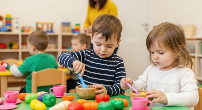 Preschool Children Playing with Toy Food and Kitchen Set in Kindergarten Classroom for Early Childhood Development