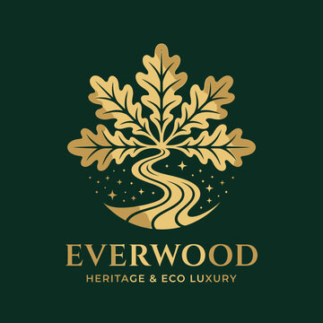 Luxury gold oak leaf and river path logo design.
