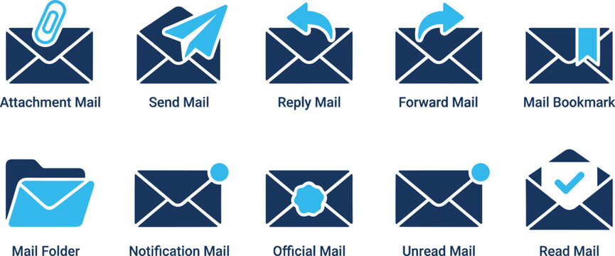 Comprehensive set of business email icons featuring attachment mail send reply and bookmark interface tools.