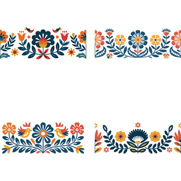 Beautiful folk art inspired floral borders with stylized birds and traditional plant motifs for design