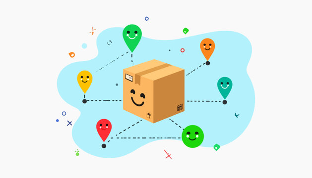 E-commerce delivery tracking with smiling box and map markers