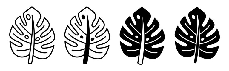 Set of Four Tropical Monstera Leaf Icons Summer Botanical Silhouettes. © drawnbybert