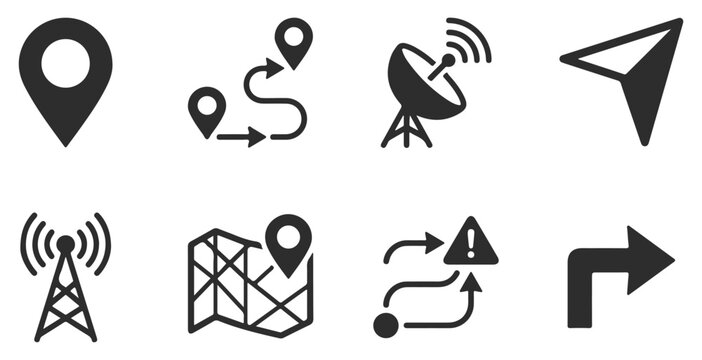 Set of navigation and location icons, map pins, route, satellite dish, antenna, and direction arrows