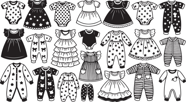 Assortment of infant clothing including baby dresses and rompers with various patterns isolated on checkerboard background set.