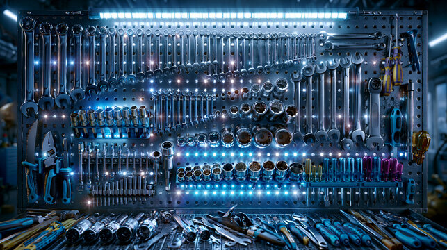 Organized pegboard wall displaying neatly arranged wrenches, sockets, and hand tools in a bright modern mechanic shop, clean industrial background, realistic metal reflections and