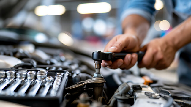 Close-up of mechanic's hands tightening a bolt on a car engine with a torque wrench, bright workshop lighting, organized tool tray nearby, realistic metal and grease textures, prem
