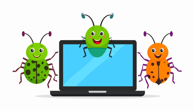 Cute cartoon bugs crawling on a laptop computer