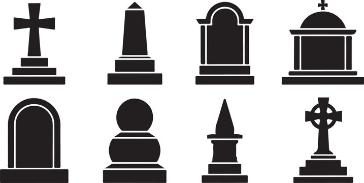 Gravestone and tombstone silhouette icons set featuring various monument shapes including cross obelisk and curved burial markers.