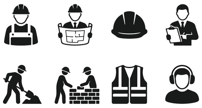Set of construction worker icons, engineer, builder, safety gear, and tools