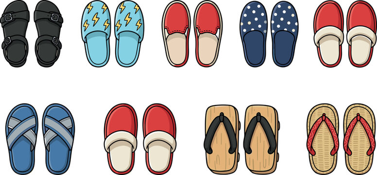 Cute footwear vector set featuring home slippers sandals flip flops geta and indoor shoes icons isolated on white background