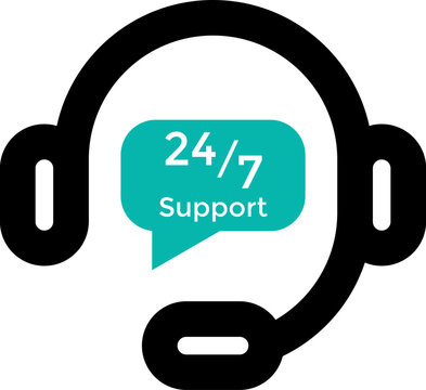 Illustration of a green 24-hour customer service support icon with a headphone icon on a white background. Customer service icon representing customer support, help desk, call center, live chat, and c