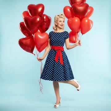 Retro Woman with Heart Balloons