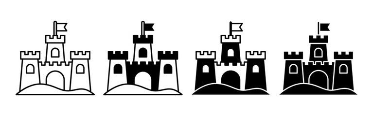 Four stylized sandcastle icons in summer theme. © drawnbybert