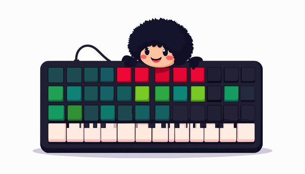 Cute character with afro hair using a colorful midi keyboard