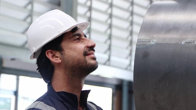 Industrial engineer foreman in safety suit and helmet measuring to check quality of large metal pipe being lifted in the air by machine at manufacturing plant. Worker working in metal industry factory