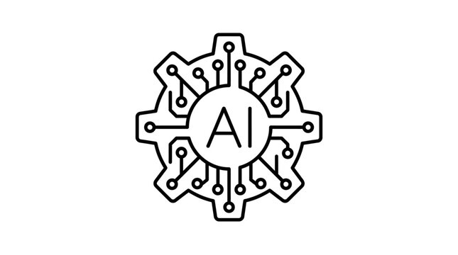 Minimalist outline icon of a gear combined with circuit board patterns representing artificial intelligence technology.