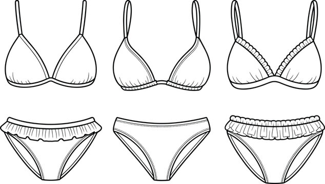 Bikini fashion flat sketch, swimwear technical drawing, ruffle trim bikini set, CAD vector illustration, garment design, apparel blueprint, summer style