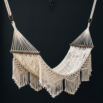 Bohemian Macrame Hammock with Wooden Spreader Bars, Fringe Detail, Dark Background