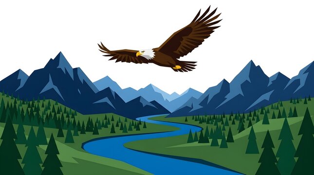Stylized flat vector illustration of a bald eagle soaring above a winding river with majestic mountains and pine forests. Perfect for wildlife, adventure, national parks, conservation, and outdoor-the