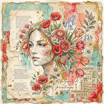 Vintage Collage Woman Portrait with Flowers and Text