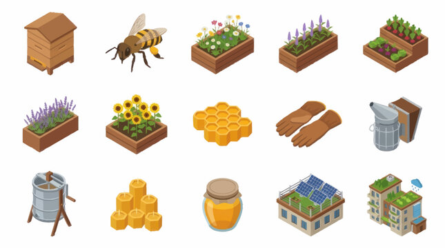 Colorful flat lay illustration of beekeeping and gardening elements.