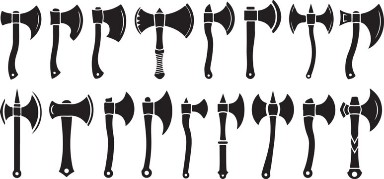 Axe collection featuring various ancient and modern hatchet types including battle axes tomahawks and wood splitting tools set.