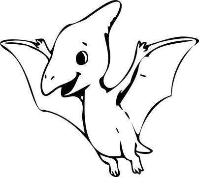 Cute cartoon pterodactyl dinosaur flying with open wings in line art style