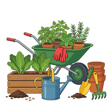 A vibrant illustration depicting essential gardening tools and pots filled with healthy plants arranged artistically in a wheelbarrow setting, celebrating gardening.