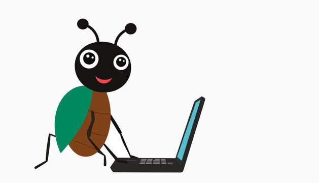 Friendly cartoon insect working on a laptop computer