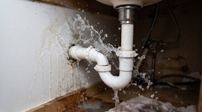 Water leaking from cracked pipe under kitchen sink. Domestic plumbing failure causing flood. Maintenance emergency and household repair concept. Damage to kitchen cabinet and wall.