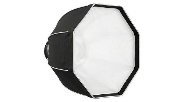 Octagonal photography softbox with white diffuser and black exterior for studio lighting.