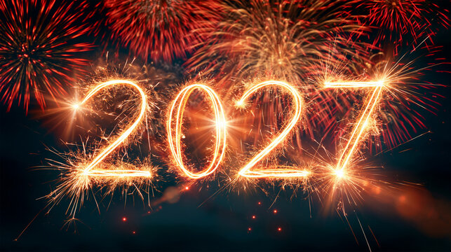 Glowing 2027 sparkler numbers on a black background, festive New Year celebration concept with bright fireworks and copy space