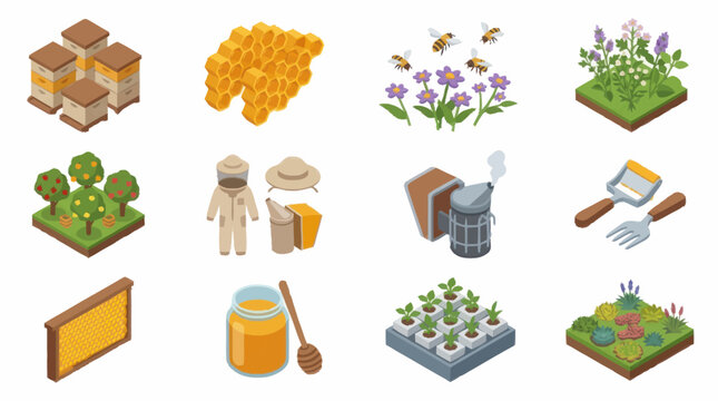 Colorful isometric beekeeping and gardening icons set.