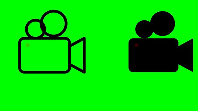Two minimalist video camera icons featuring outline and solid silhouettes isolated on a bright chroma key green background for creative digital media editing