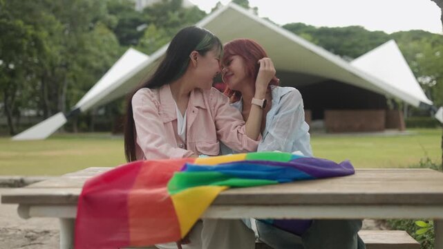 Happy young Asian girlfriends sitting closely at a wooden park table, sharing a tender romantic moment filled with sweet smiles and love under a colorful rainbow LGBTQ flag celebration.