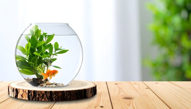 Goldfish swimming inside a round glass bowl aquarium with green plants on a rustic wood slice.