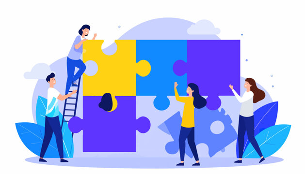 Diverse team collaborating to solve a large jigsaw puzzle