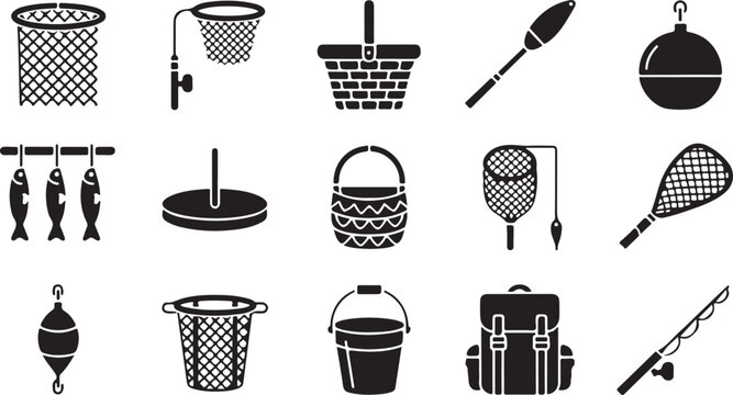 Set of fishing equipment including a net, basket, rod, float, bobber, bucket, fish, and backpack.