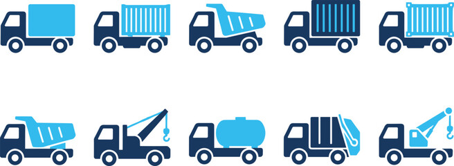 Industrial truck vehicle icon set for logistics delivery construction dump garbage crane and fuel tanker. © Emongrapic