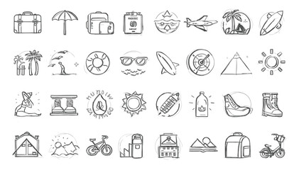 A collection of hand-drawn sketch icons representing various travel, vacation, and outdoor adventure themes. © Teko