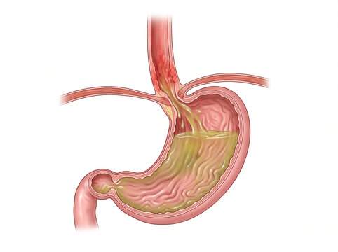 Stomach illustration displays the painful effects of acid reflux within the human digestive system anatomy.
