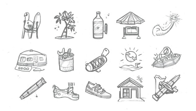 A collection of hand-drawn sketch icons featuring a variety of objects and concepts, including vehicles, food, buildings, and abstract elements.
