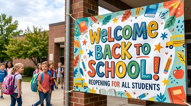 Welcome Back to School Banner & Students Reopening for Education
