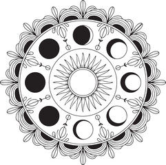 Detailed celestial lunar cycle diagram with sun center surrounded by moon phases and ornamental floral elements around circular frame. © Kamrun82