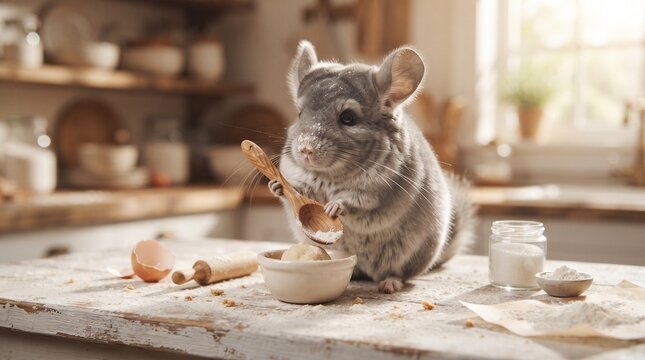 A cute fluffy chinchilla baking in a rustic kitchen, holding a wooden spoon over a bowl of dough on a flour-dusted counter.